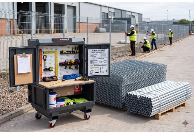 Lista kontrolna narzędzi do montażu ogrodzenia Organized contractor tool station beside staged wire mesh fence panels and galvanized posts at industrial site